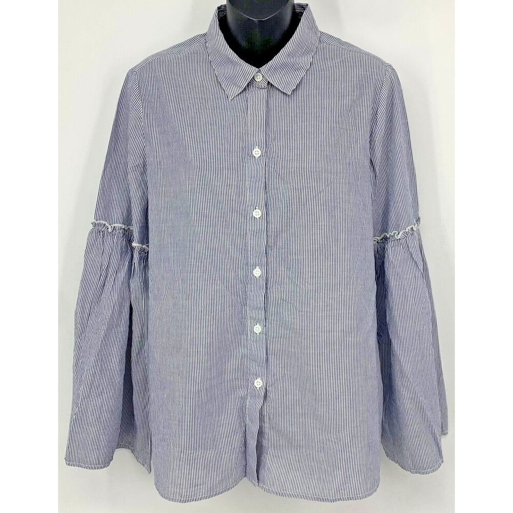 BeachLunchLounge Lorraine Blue Stripe Ruffle Sleeve Button Down  XL Cotton Boho